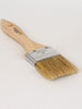 Disposable chip brush with wood handle, pure bristles, a plated steel ferrule and a hanging hole.